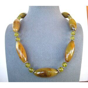 Vintage Olive Green Glass Bead Necklace/Metal Accents 20"